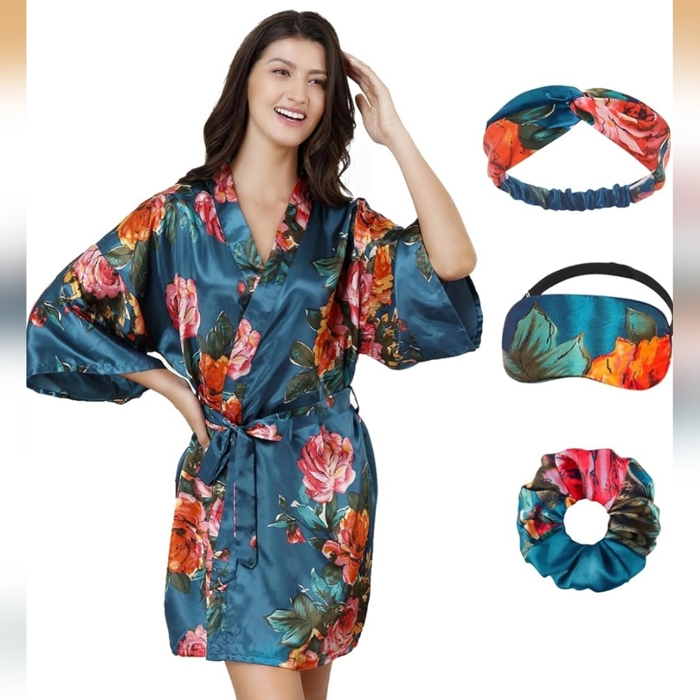 Elegant Silky Satin Floral Robe Set With Accessories Size L/XL